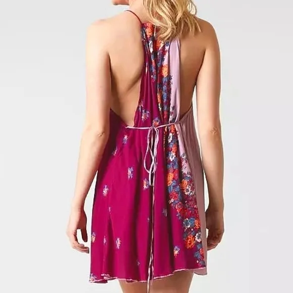 Free People It's a Cinch Magenta Floral Print Tie Back Mini Dress Size Small - Picture 4 of 16